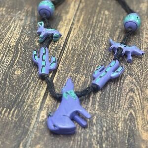Southwest Howling Coyote Necklace Purple Turquoise Cactus Beads Wood